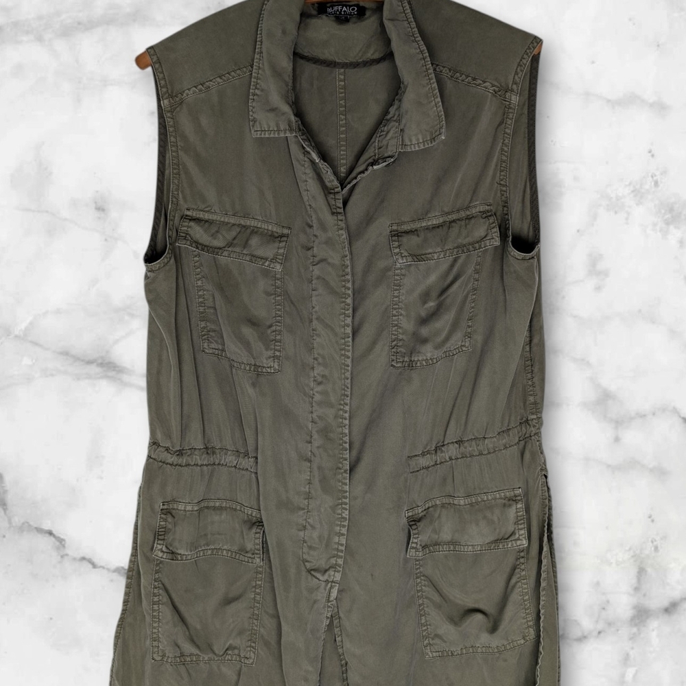 Buffalo David Bitton Women's Olive Green long Vest adjustable Size Large